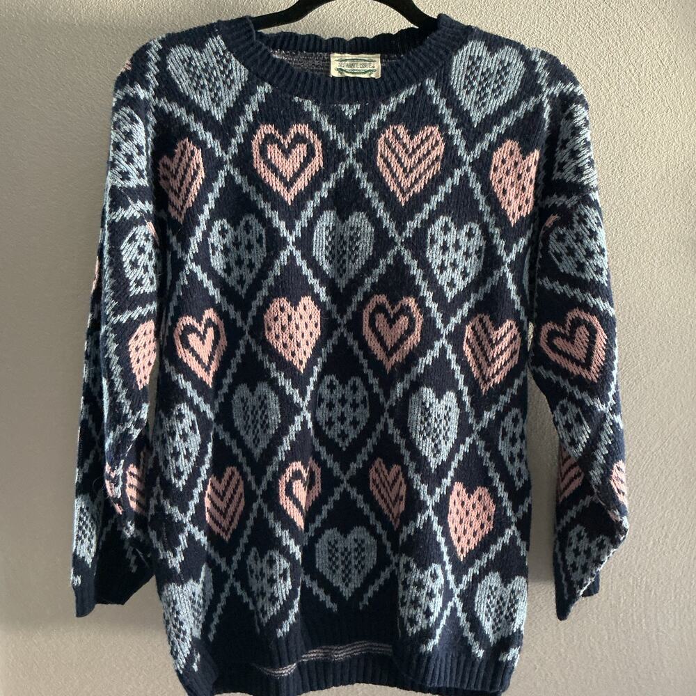 Vintage Separate Issue Women’s Heart Sweater Blue‎ Pink Knit USA Medium 80s 90s